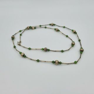 35 " Vintage Sterling Silver 925 Necklace With Green Stones And Silver Beads