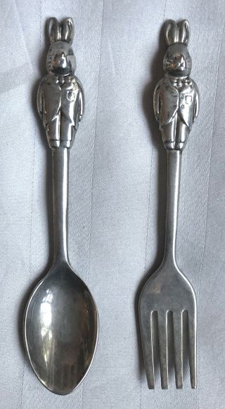 Infant Baby Bunny Rabbit Spoon And Fork Set Vintage Stainless Steel