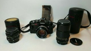 Konica Autoreflex T4 Slr 35mm Film Camera W/ 3 Hexanon Lenses 55mm 28mm 135mm