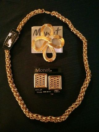 Nwt Vtg Monet Goldtone Necklace,  Brooch & Pierced Earrings