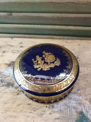 Vintage French Limoges Porcelain Lidded Trinket Box Bonbonniere Kobalt Blue