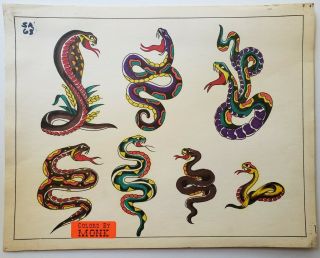 Vintage 70s S&r Huck Rogers Produx Tattoo Flash Snake Snakes Monk Color