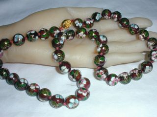Vintage Chinese Hand Knotted Enamel Cloisonne Bead Necklace Dark Red W/ Pink