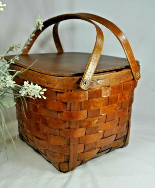 Vintage 1950s Woven Wood Picnic Pie Basket Wooden Swing Handles Hinged Lid