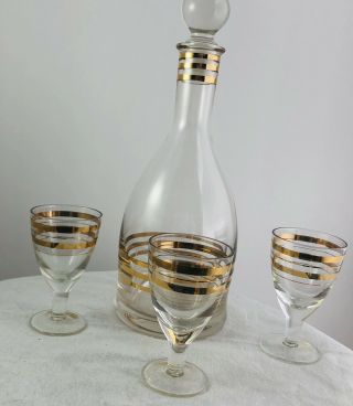 Vintage Mid Century Modern Liquor Decanter And Set Of 3 Glasses Gold Stripes