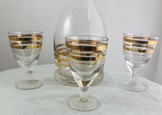 Vintage Mid Century Modern Liquor Decanter And Set Of 3 Glasses Gold Stripes 2