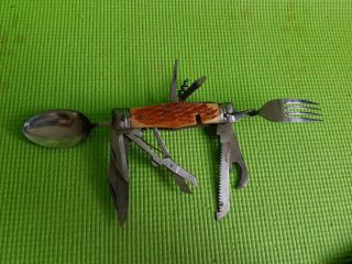 Vintage Camp Knife 11 Tools Folding Knife Fork Spoon Stainless Japan W Holder