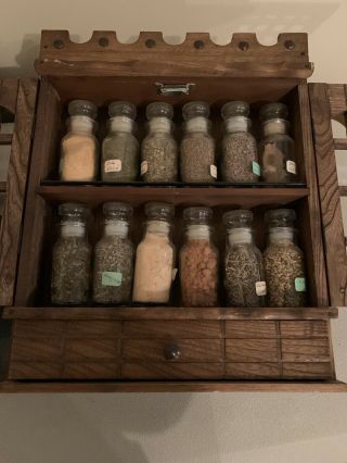 VINTAGE Himark Wood Spice Rack with Glass Bottles Jars,  Wall Hanging Drawer 2