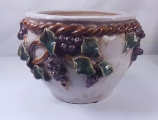 Vintage Art Pottery Majolica Planter With Raised Grapes Leaves And Rope Trim