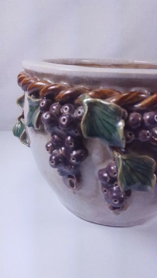 VINTAGE ART POTTERY MAJOLICA PLANTER WITH RAISED GRAPES LEAVES AND ROPE TRIM 2