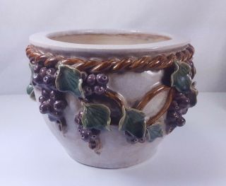 VINTAGE ART POTTERY MAJOLICA PLANTER WITH RAISED GRAPES LEAVES AND ROPE TRIM 3