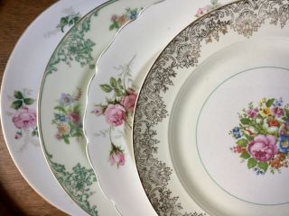 Vintage Mismatched China Dinner Plates Pink & Green Florals Set Of 4