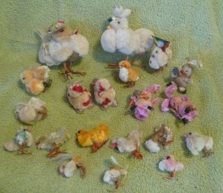 20 Vtg Midcentury 1950s - 1960s Chenille Chicks Bunny Easter Decor Wire Feet