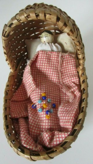Antique/vintage Wooden Peg Doll 2 Inch In Old Woven Crib