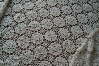 Antique Vintage French Hand Crocheted Bed Cover Throw,  Cream Linen Lace P71