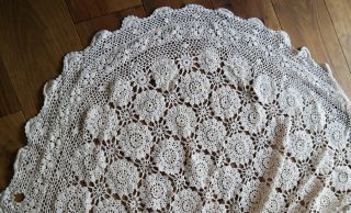 Antique Vintage French Hand Crocheted Bed Cover Throw,  Cream linen lace p71 3