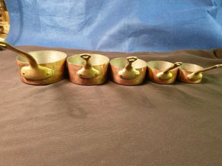 Set Of 5 Miniature Vintage Copper Pans With Brass Handles