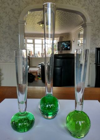 3 Vintage Retro Art Glass Controlled Bubble Vase.  Green