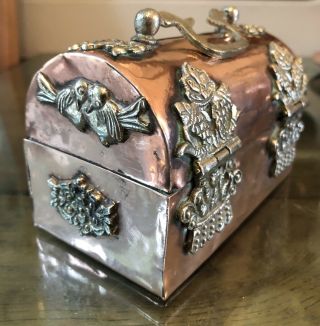 An Antique Copper Domed Chest / Casket With Ornate Brass Clasp,  Hinges & Handle