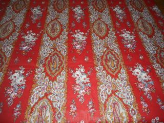 Vintage French Floral Paisley Cotton Furnishings Fabric Red Tangerine Blue Pink