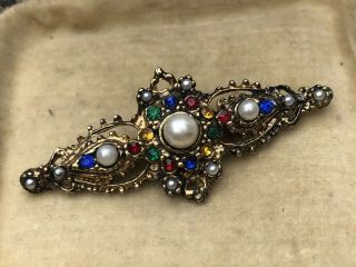 Vintage Brooch Austro Hungarian Style Imitation Pin Faux Pearl Gold Tone Paste