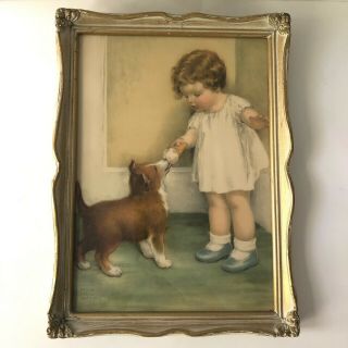 Bessie Pease Gutmann Vintage Print The Reward Gold White Frame Girl Child Dog