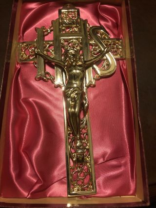 Vintage Antique Large Wall Brass Crucifix Cross Jesus Christ Inri
