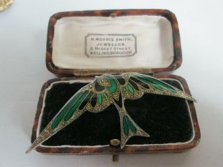 Vintage Art Deco Green Enamel Swallow Bird Brooch Shawl Pin Pierre Bex