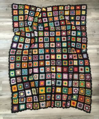 Vintage Granny Square Afghan Throw Blanket Black,  Multi Color 60 " X 77 " Weighty
