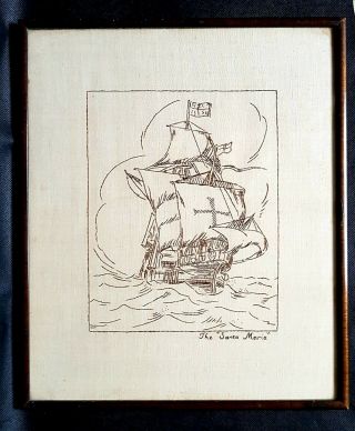 Large Vintage Tapestry Of La Santa Maria Ship Christopher Columbus Maiden Voyage
