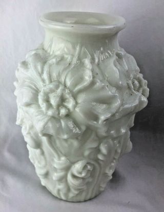 Antique Vintage Milk Glass Vase High Relief Flower Poppies Art Nouveau