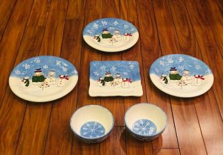 Vintage St Nicholas Square Christmas Snowman Dinnerware Button Up 6 - Piece Set