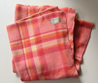 Zenith Vintage 100 Wool Zealand Made Blanket - Pink Orange Check - Double