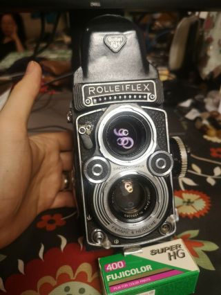 Rolleiflex 3.  5f W/ Carl Zeiss 75mm F3.  5 Planar Lens,  Rollei Strap& Prism