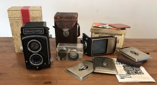 Vintage Rollei Rolleicord Tlr Camera With Plate Adapter & Filters - Work