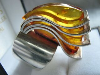 Large Front Vintage Modernist Sterling Silver Baltic Amber Ring Sz Q,  1/2 20.  3g