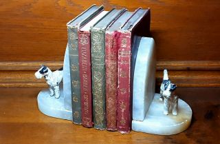 Vintage Art Deco Cold Painted Spelter Alabaster Terrier Dog Bookends