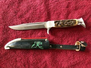 Vintage Pic Solingen Germany 13940 Fixed Blade Hunting Knife Stag Horn Handle