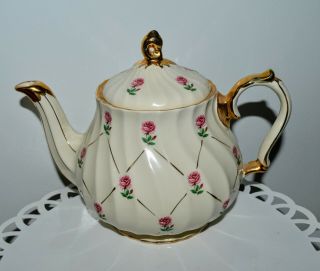 Vintage Sadler England Teapot Pink Roses Swirl Body 22k Gold Trim