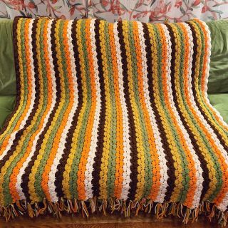 Vtg Handmade Crochet Granny Afghan Blanket Fall Colors Fringe Brown Orange