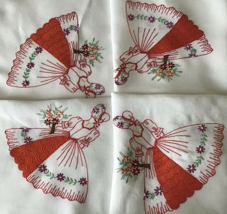 Lovely Large Vintage Hand Embroidered Tablecloth Crinoline Ladies 64” X 54”