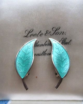 Vintage David Andersen Sterling Silver & Green Enamel Clip - On Leaf Earrings 50s