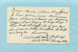 Ted Double Duty Radcliffe Signed Handwritten Letter On 3x5 Satchel Paige Catcher