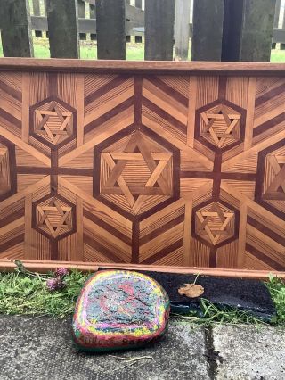 Vintage Large Wooden Serving Tray Marquetry - 6 Pointed Stars Of David 25” X 15.  5”