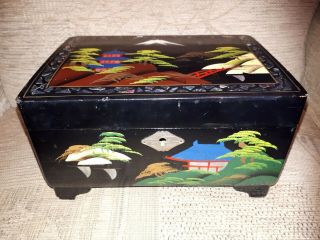 Vintage Painted Oriental Black Lacquer Musical Jewellery Cabinet Trinket Box