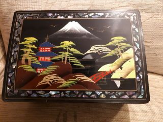 Vintage Painted Oriental Black Lacquer Musical Jewellery Cabinet Trinket Box 2