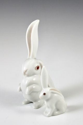 Vintage Herend Hand - Painted Porcelain 2 White Rabbit Figurines 5325 & 5338