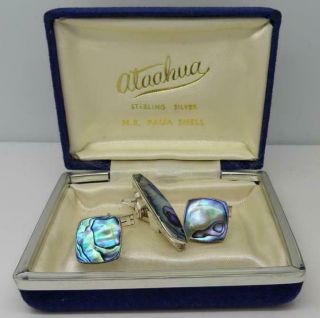 Vintage Zealand Sterling Silver Paua Shell Cufflinks & Tie Clip Boxed