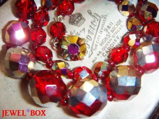 Vintage 1950s Siam Red Rainbow Aurora Borealis Crystal Bead Necklace Fab Clasp