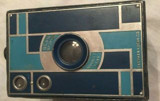 Kodak Beau Brownie By Art Deco Designer Teague,  Blue Faceplate,  Strap,  Vintage